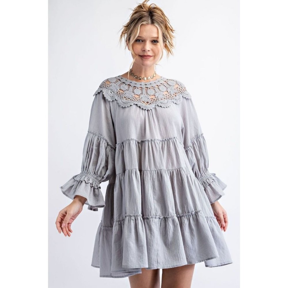 Easel Blue Sky Crochet Lace Cotton Gauze Ruffled Loose Fit Pleated Dress